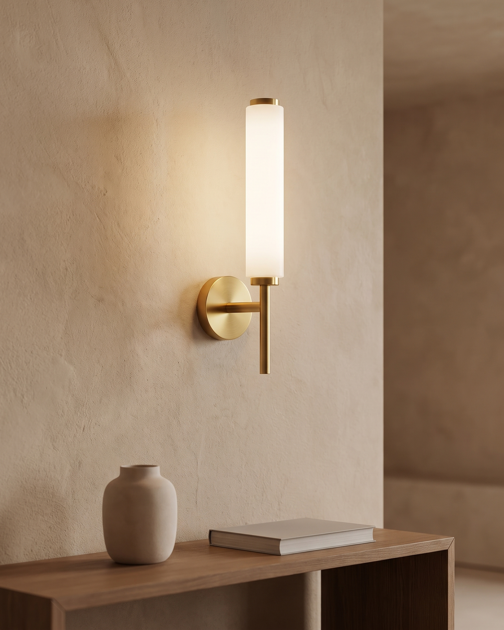 Brindisi Wall Sconce in Brass and White, portrait product view