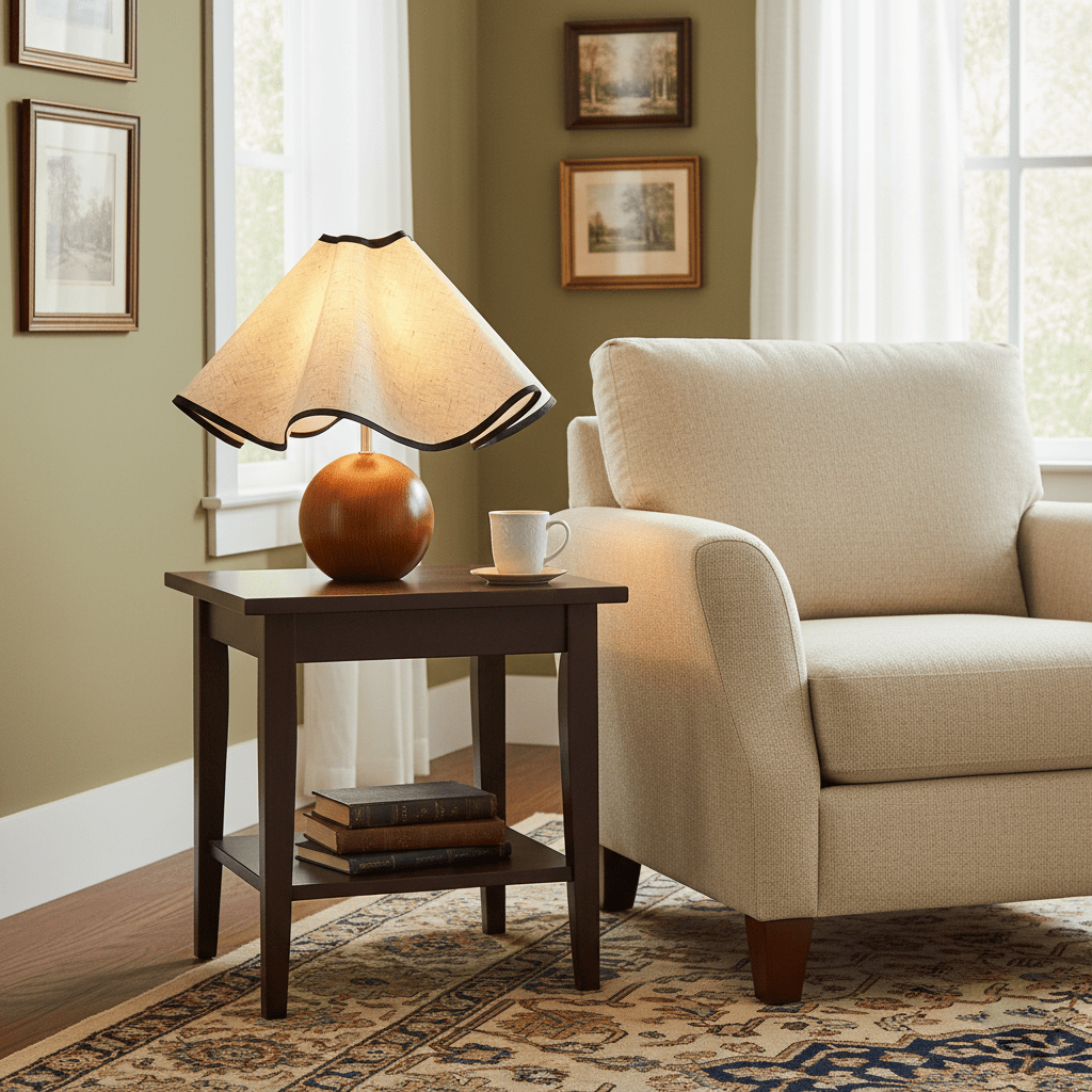 Lit table lamp with a wavy linen shade on a walnut sphere base on a dark side table beside a cream sofa.
