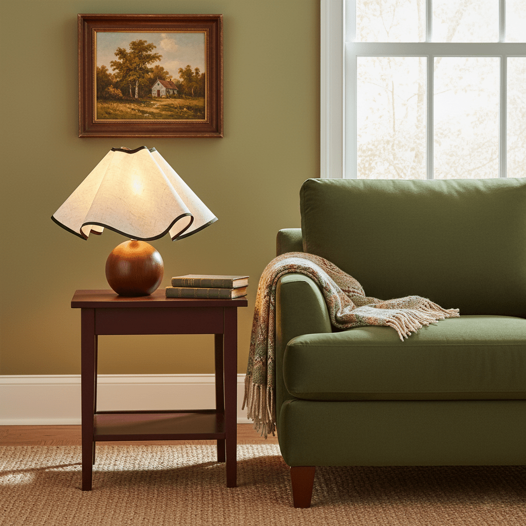 Lit table lamp with a wavy linen shade on a walnut sphere base on a side table beside a green sofa.