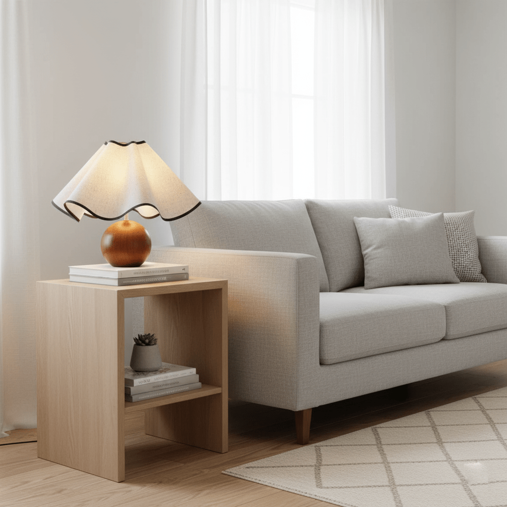 Lit table lamp with a wavy linen shade on a walnut sphere base on an oak side table beside a grey sofa.