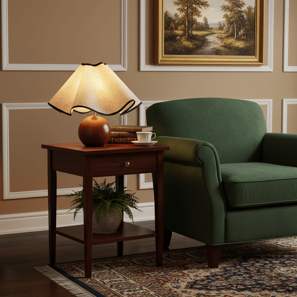 Lit table lamp with a wavy linen shade on a walnut sphere base on a side table beside a green armchair.
