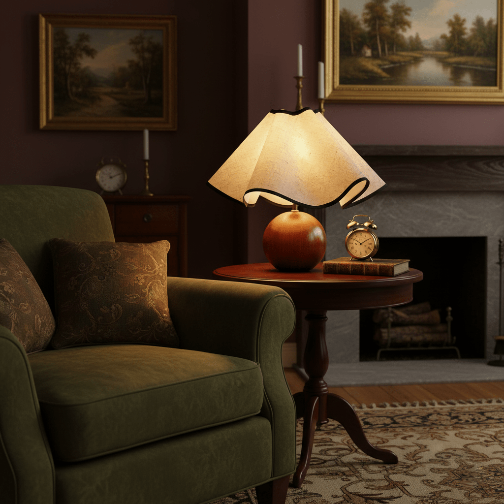 Lit table lamp with a wavy linen shade on a walnut sphere base on a round table beside a green armchair.
