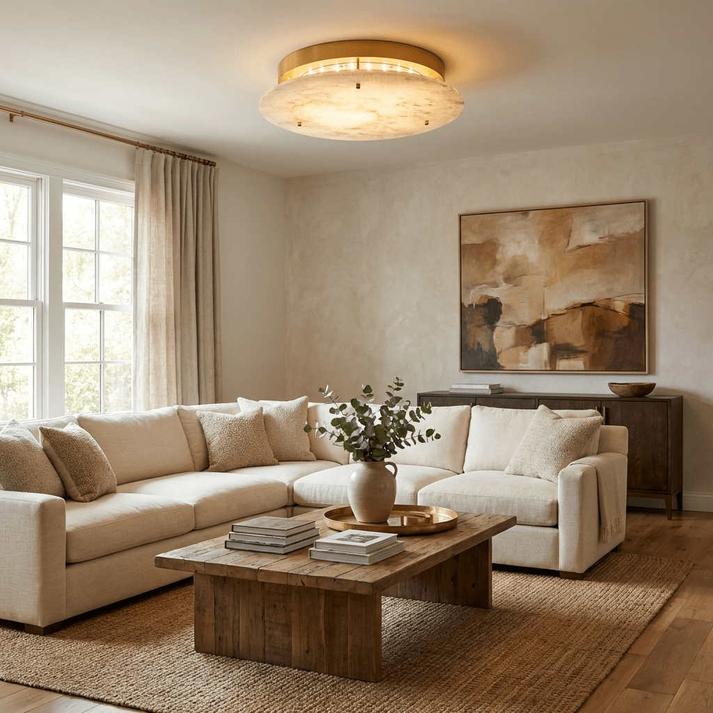 Alverra Disc Ceiling Light lit on a living room ceiling above a cream sectional sofa