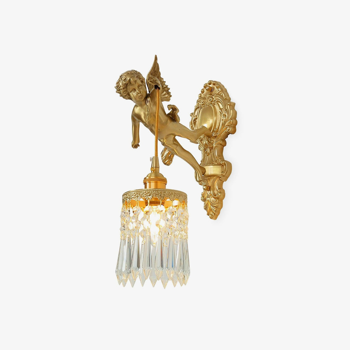 Angelisse Angel Wall Light, Model A, right hand, crystal shade, lit, plain light background