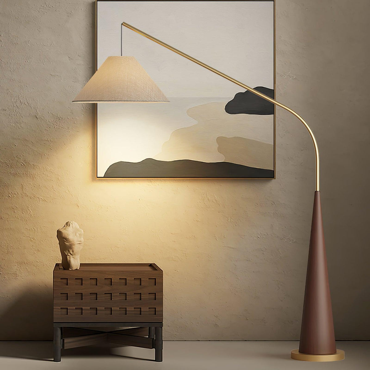 Arcavine Arc Floor Lamp, Walnut and gold lit over side table and artwork