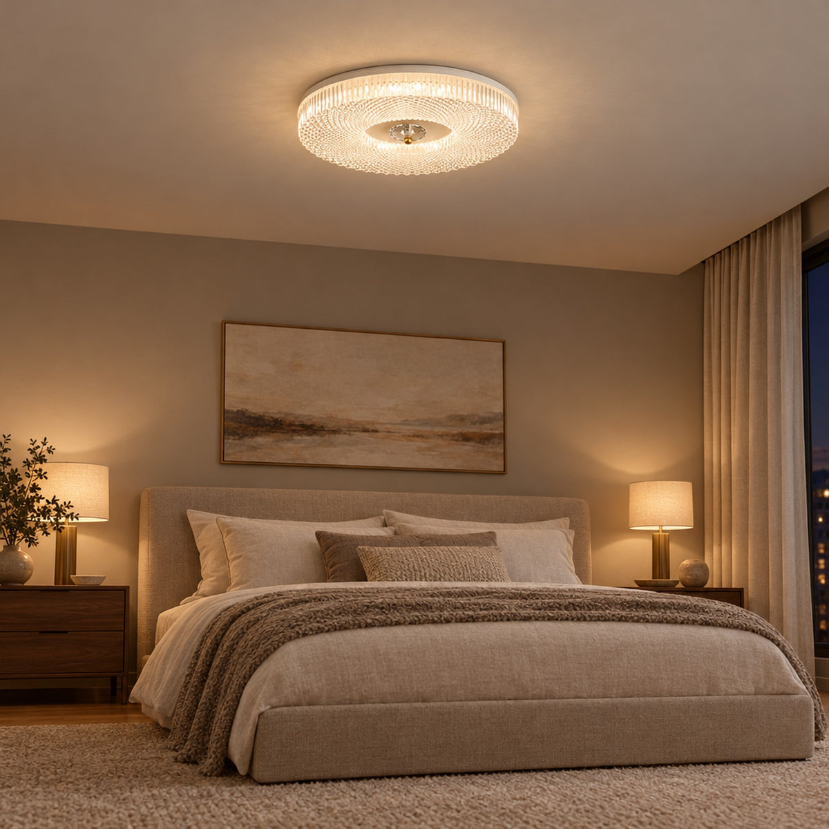 Ayla LED Flush Mount Ceiling Light, mounted on a bedroom ceiling and lit in the evening