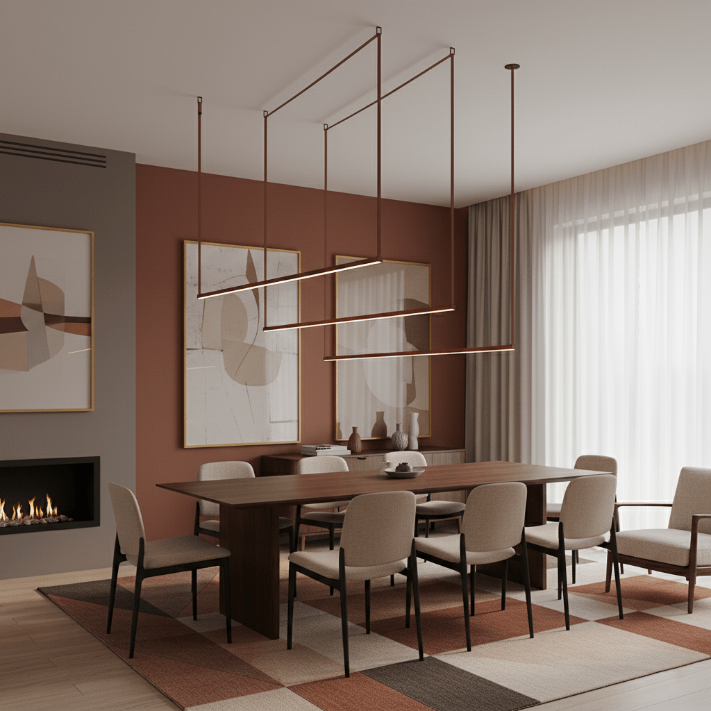 Bellorin Linear Pendant Light, three red strips hung on rods, lit, above a long dining table