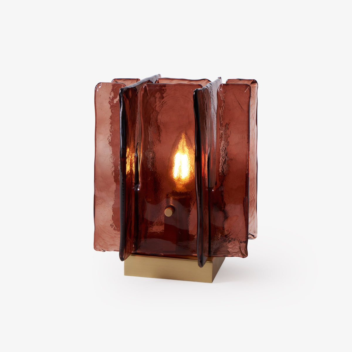 Blokenne Glass Block Table Lamp, Claret glass and gold base, lit, studio white