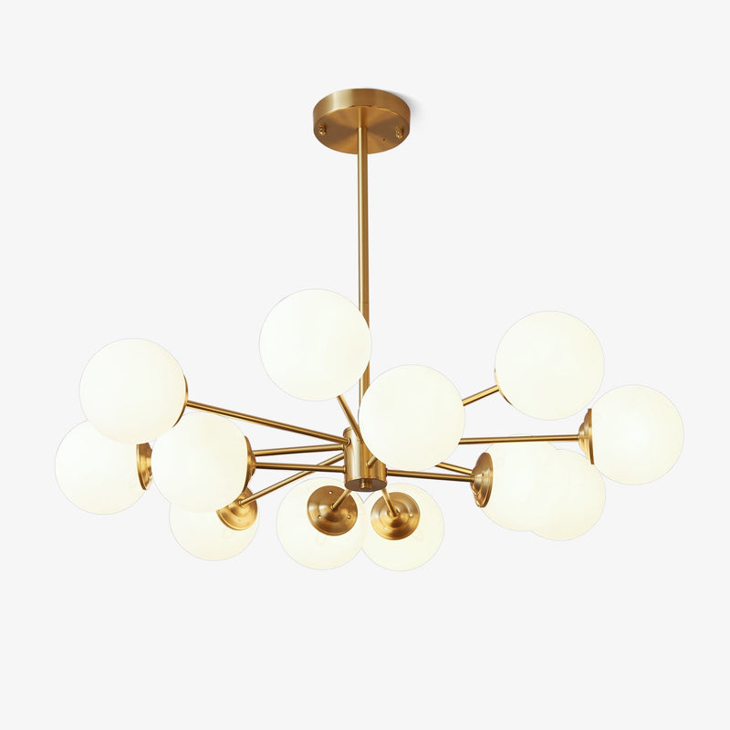 Brassara Brass Globe Chandelier, 12-light brass/white, light-grey studio background