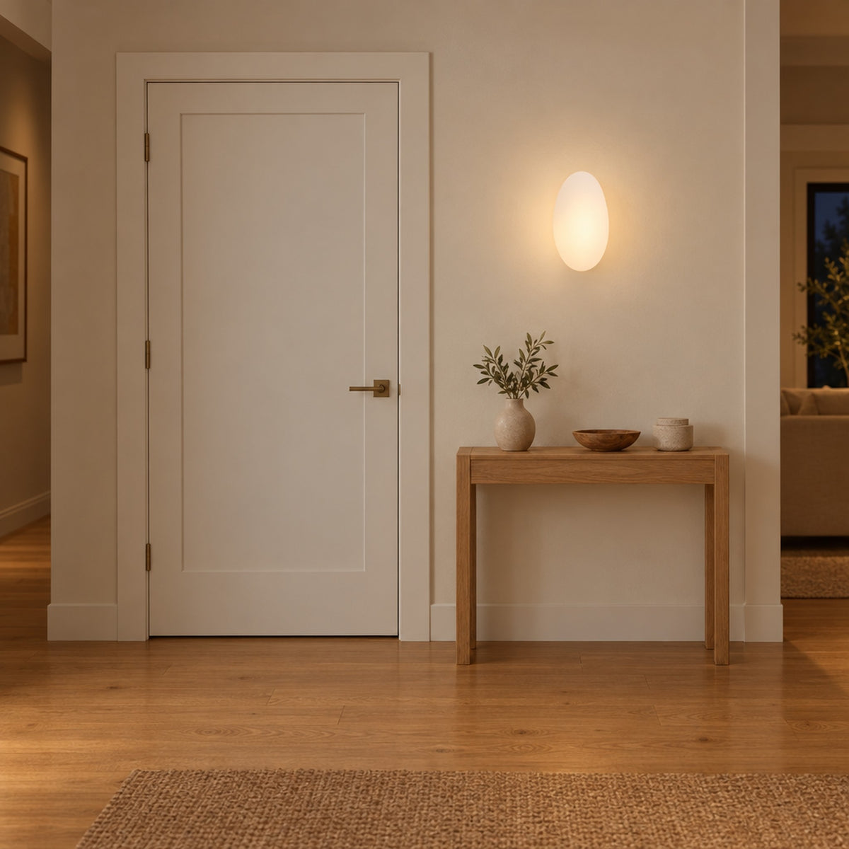 Bubble Glass Wall Lamp, Model A in white, shown to scale beside a door above a console table