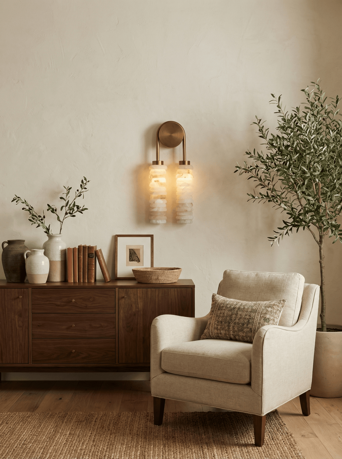 Calissa Ribbed Alabaster Sconce in antique brass lit above a walnut sideboard and armchair