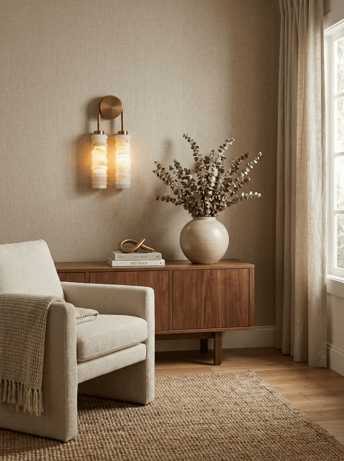 Calissa Ribbed Alabaster Sconce in antique brass glowing above a walnut cabinet