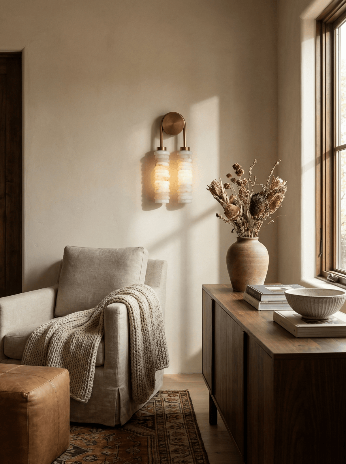 Calissa Ribbed Alabaster Sconce in antique brass lit beside a window in a sitting room