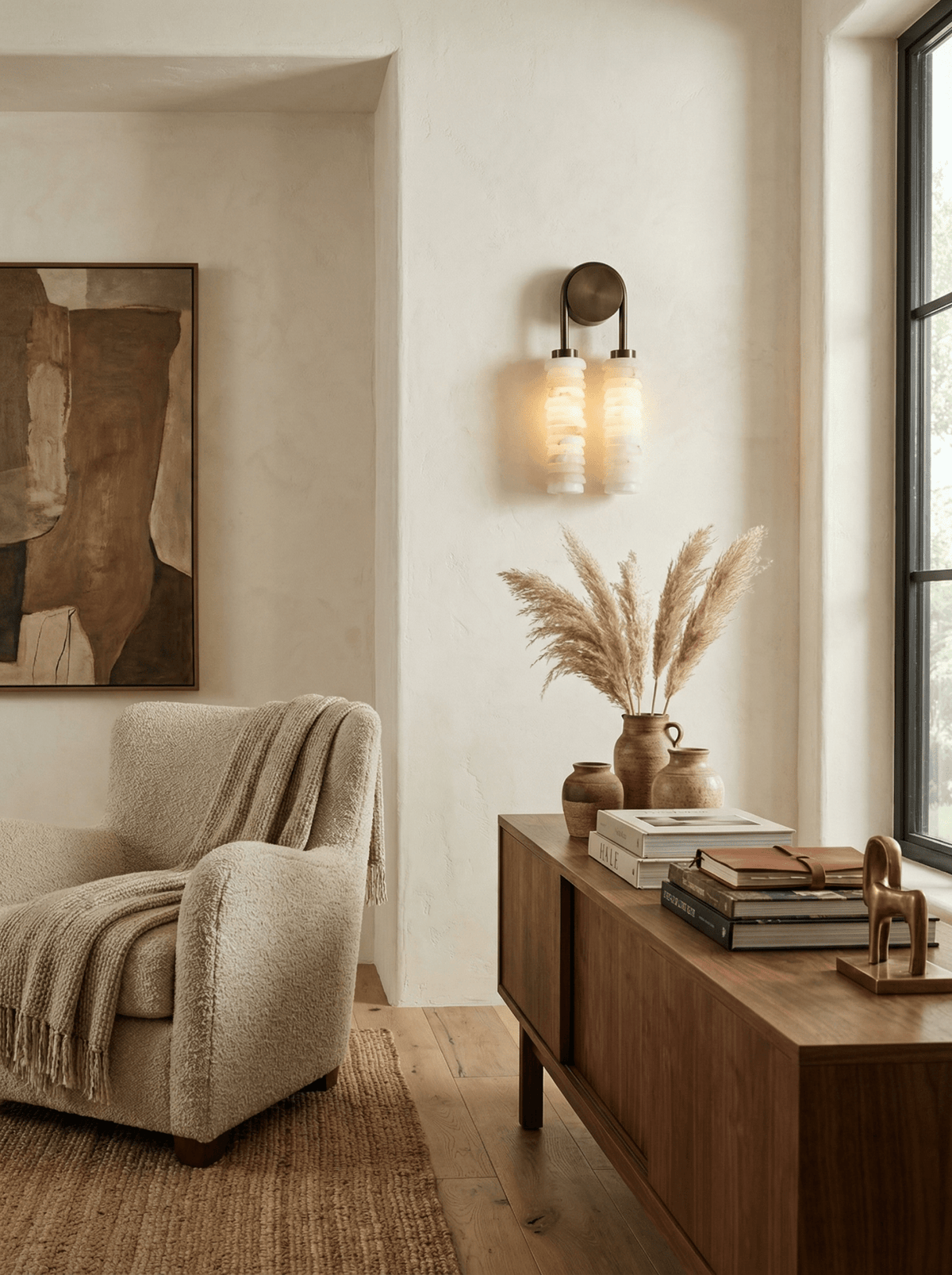 Calissa Ribbed Alabaster Sconce in bronze above a walnut sideboard with pampas grass