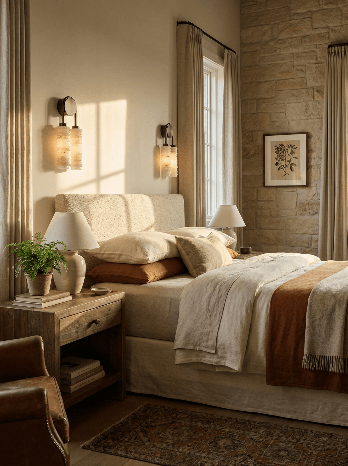 Pair of Calissa Ribbed Alabaster Sconces in bronze flanking a bed