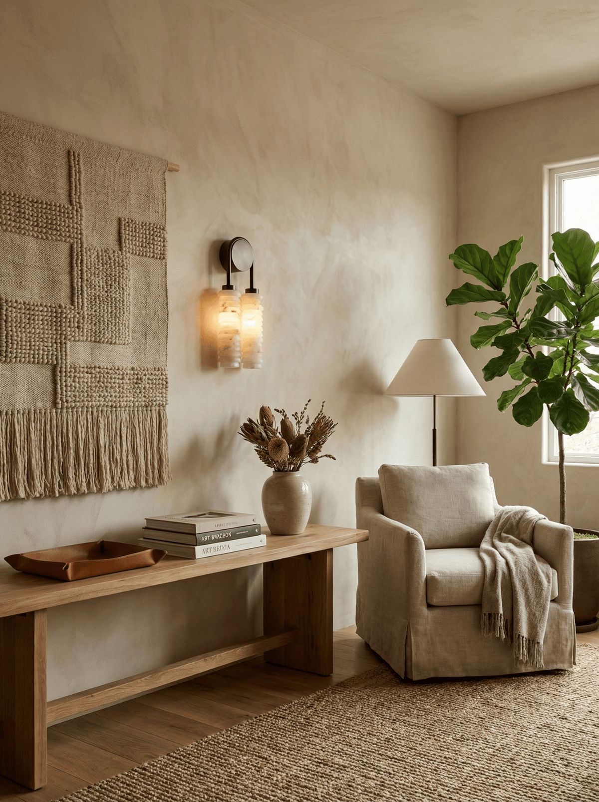 Calissa Ribbed Alabaster Sconce in bronze above a wooden bench in a sitting area