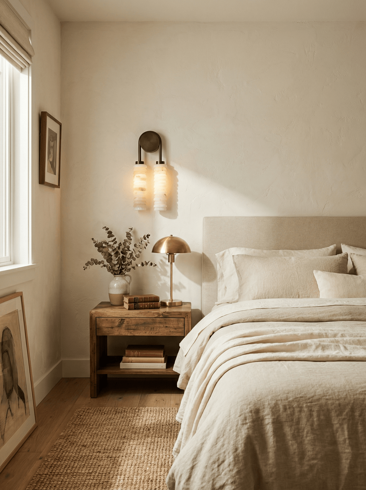 Calissa Ribbed Alabaster Sconce in bronze lit beside a bed