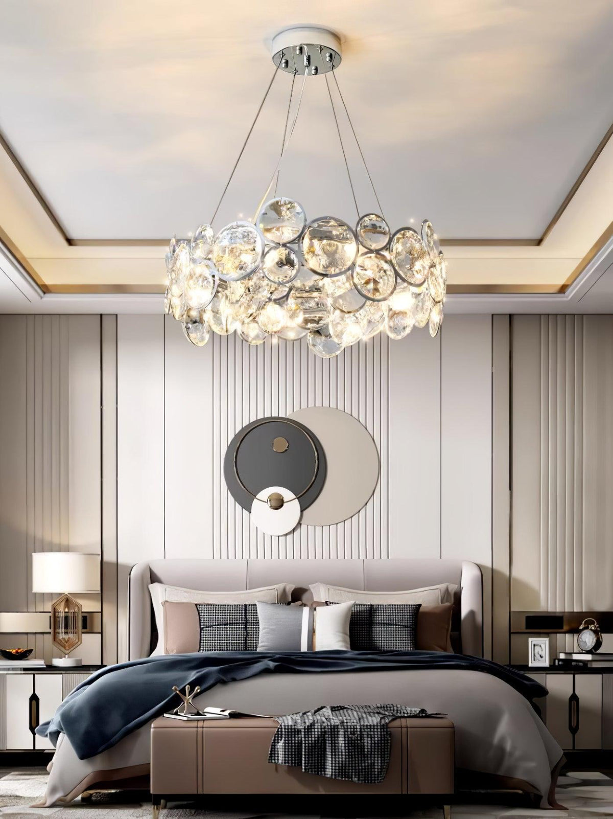 Chromelle Round Crystal Chandelier, Round ring lit over bed, panelled bedroom