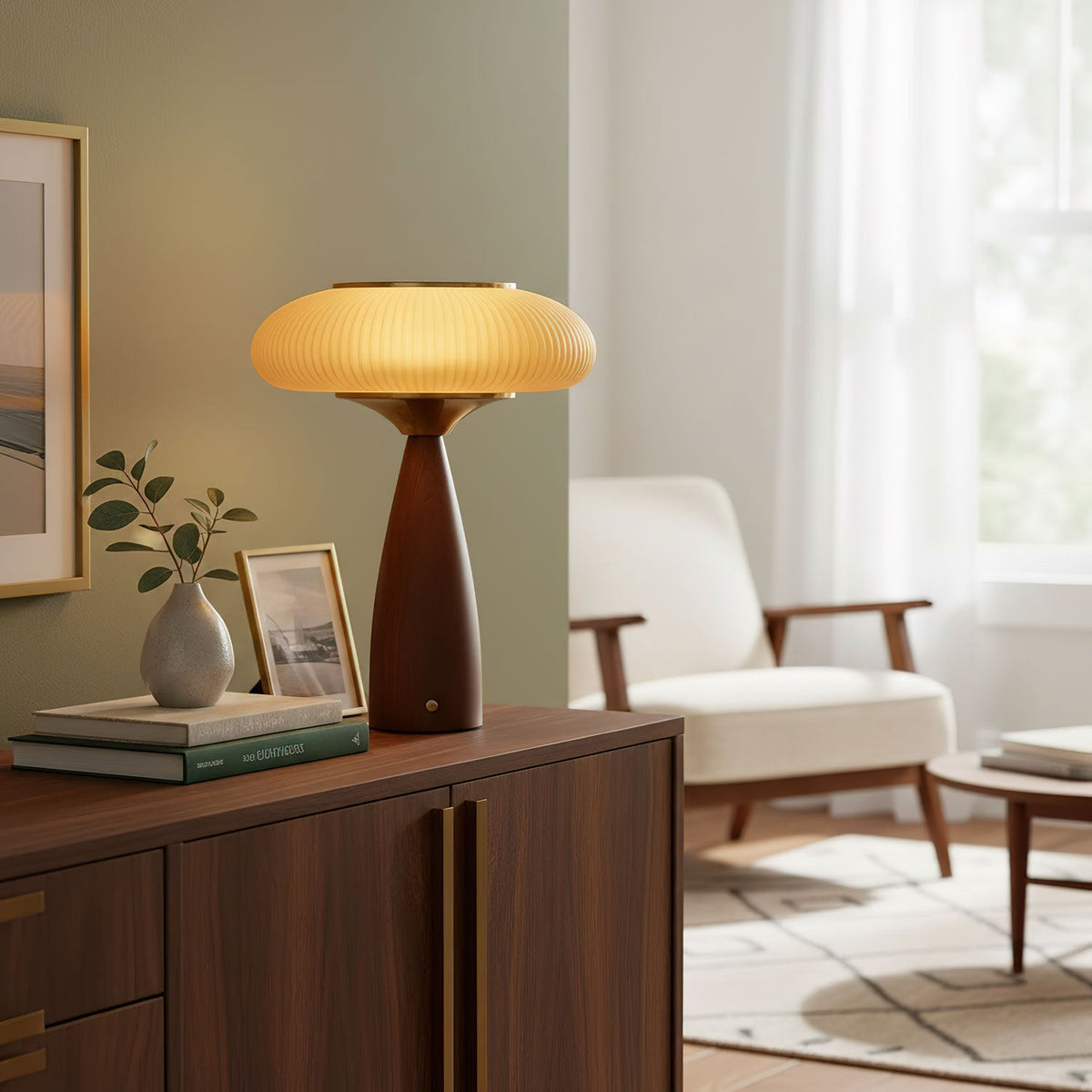 Cirelle Rechargeable Table Lamp on a walnut sideboard in a living room