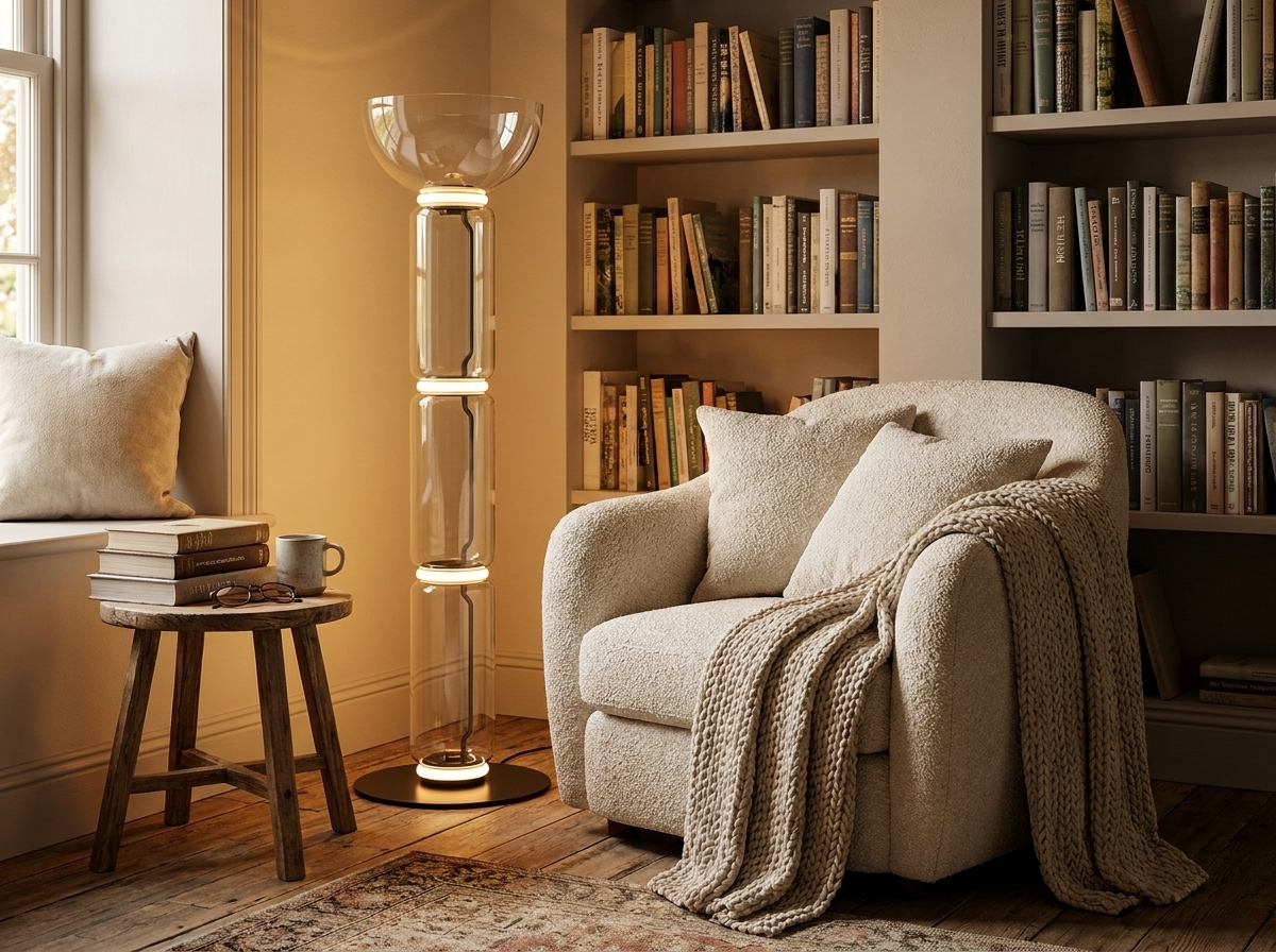 Clarion Bamboo Glass Floor Lamp in a styled room