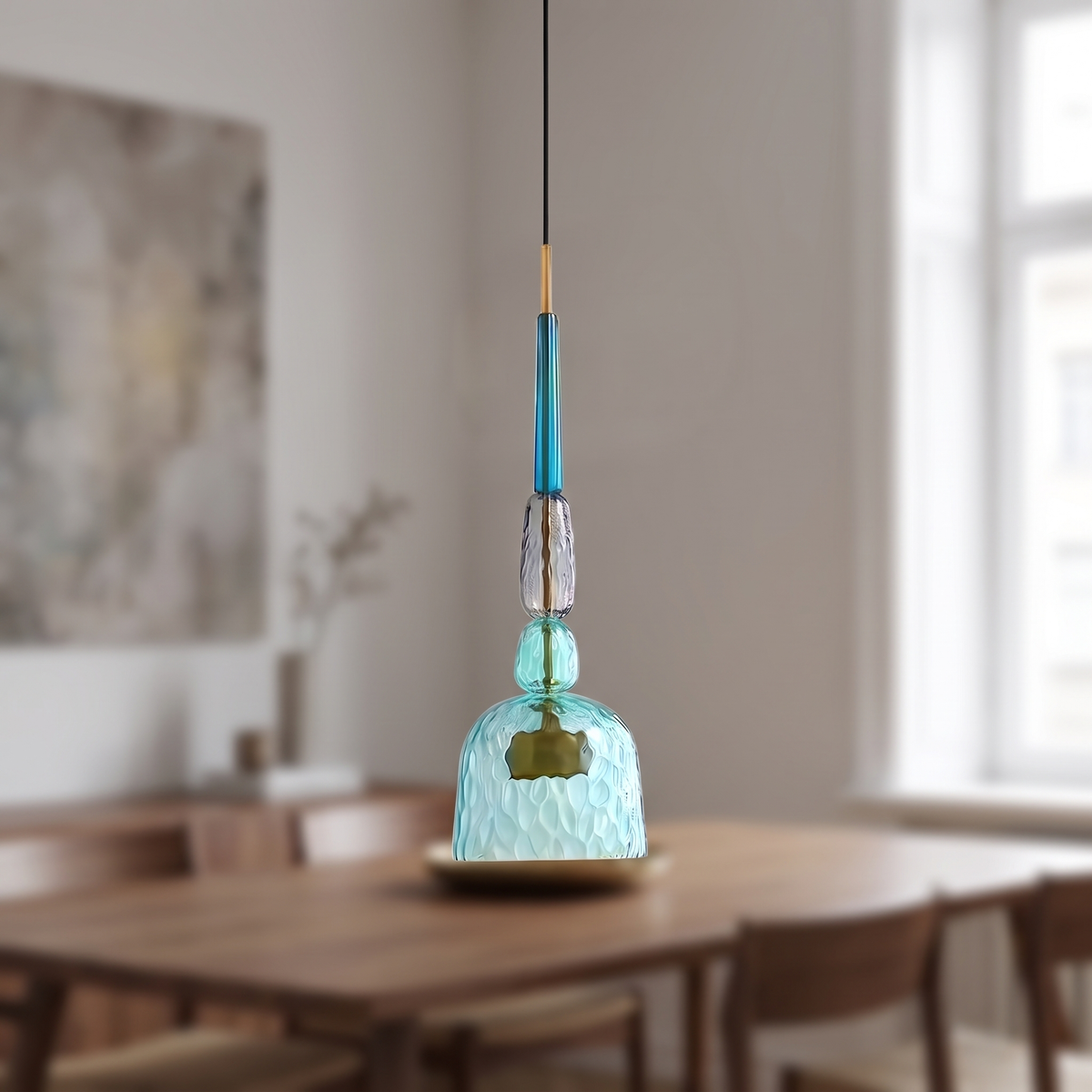 Vetrina Stained Glass Pendant Light, closer view in a dining room