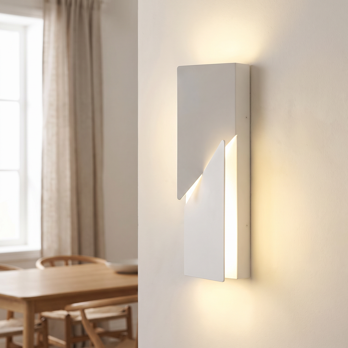 Plisara Geometric Wall Light, closer view in a dining room
