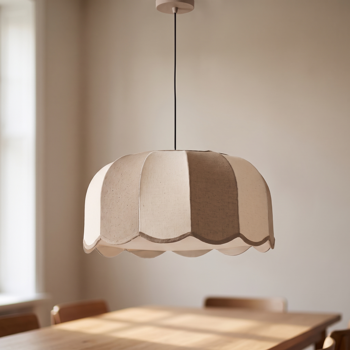 Petalune Scalloped Fabric Pendant Light, closer view in a dining room