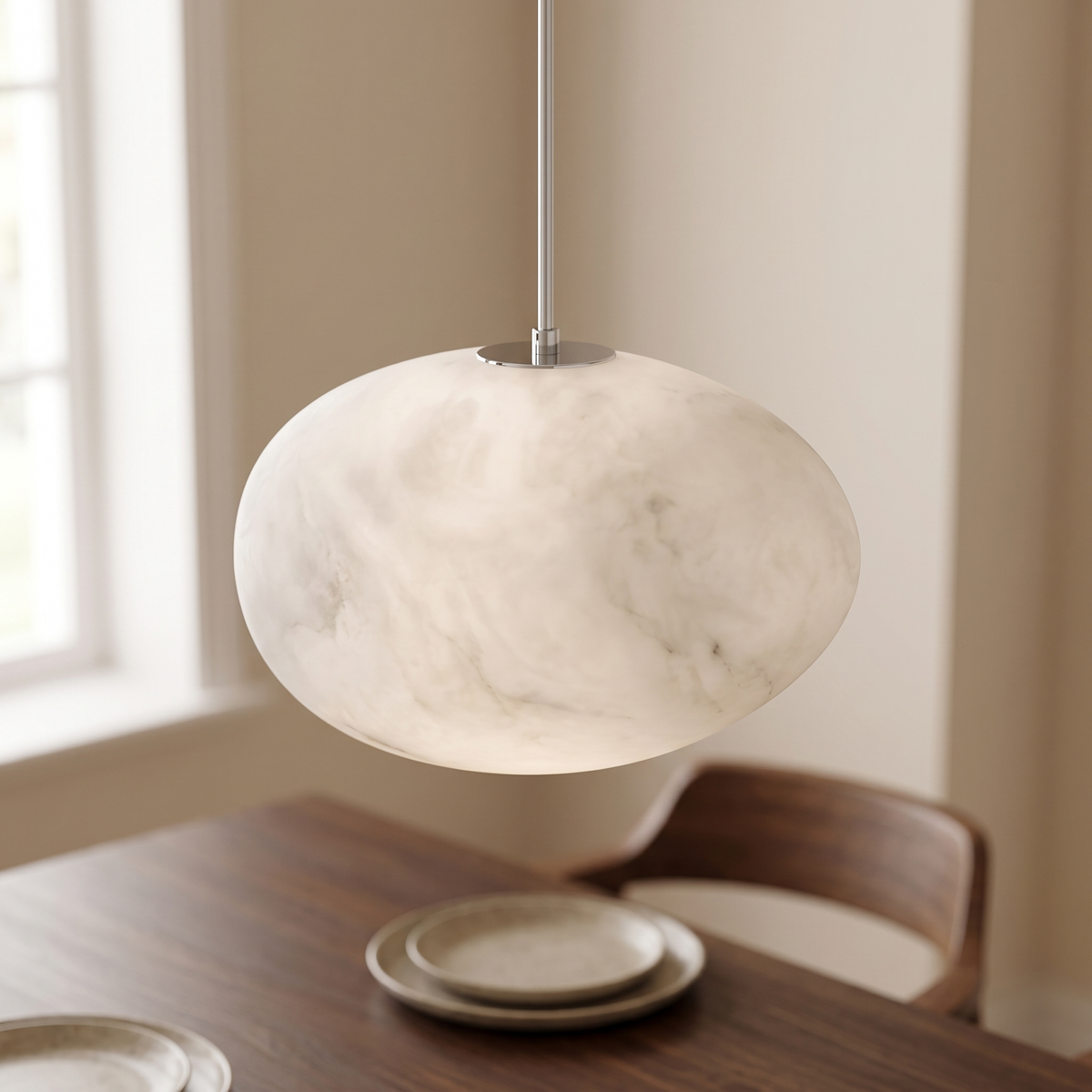 Galetta Alabaster Pebble Pendant Light, closer view in a dining room