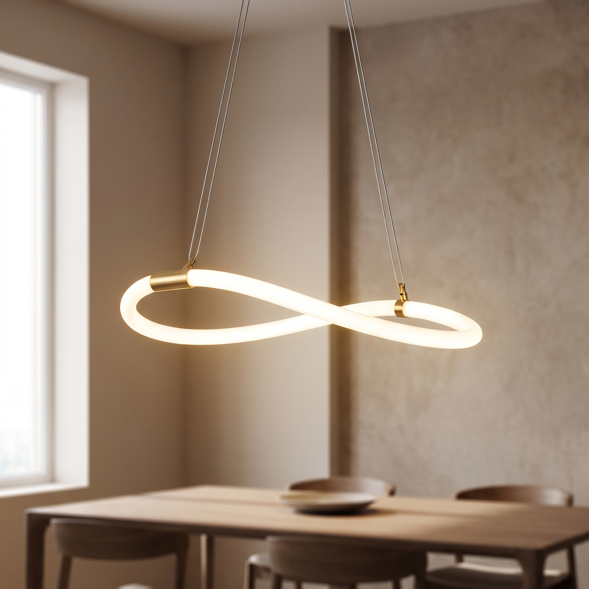 Loopelle Flexible Linear Pendant Light, closer view in a dining room