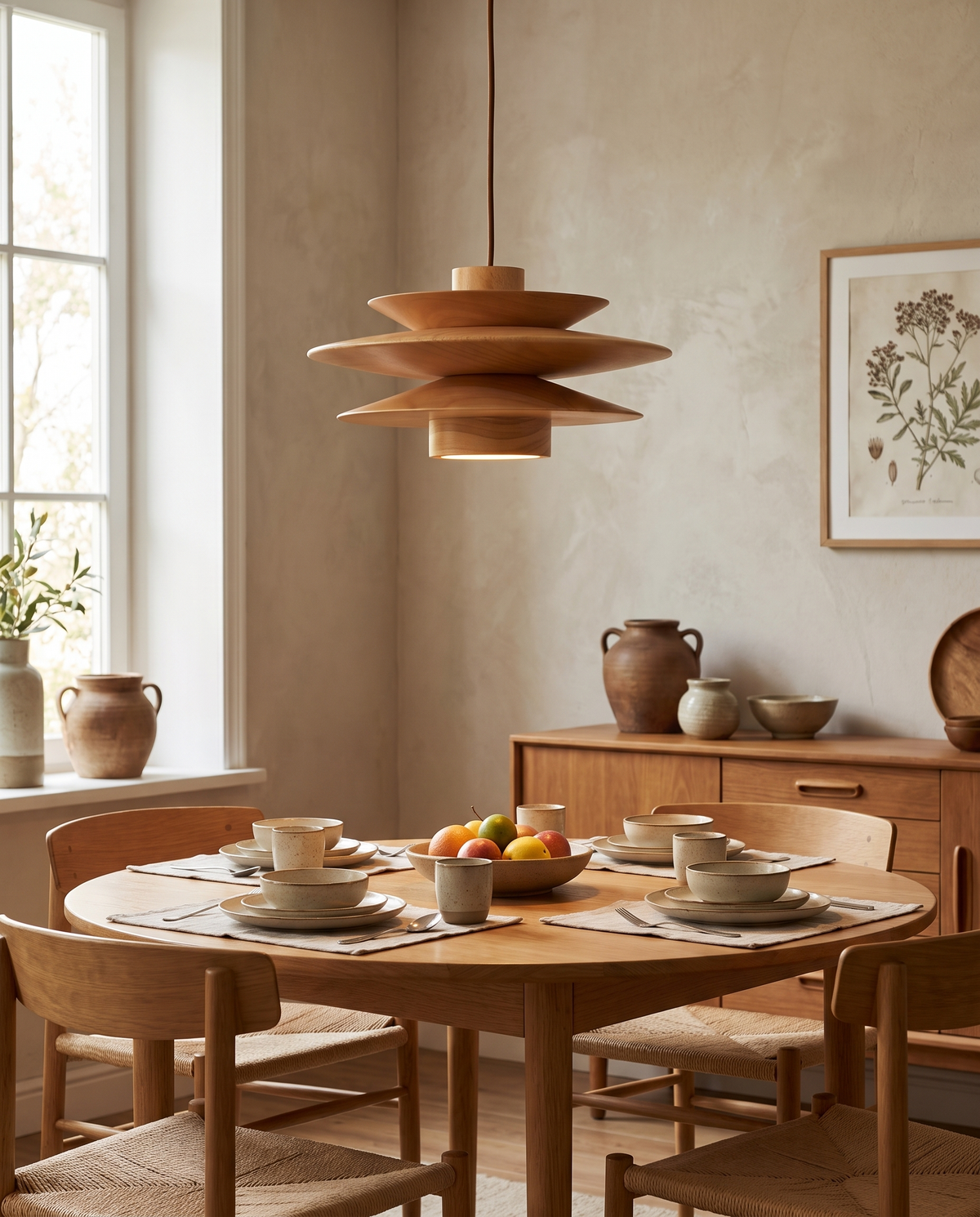 Cascara Wood Disc Pendant Light in a dining room in soft daylight