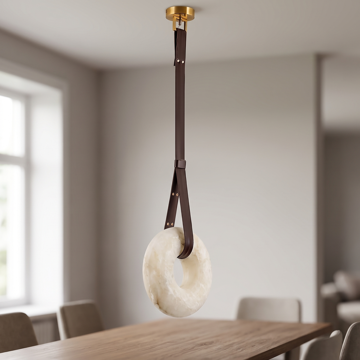 Loralin Alabaster Strap Pendant Light, closer view in a dining room