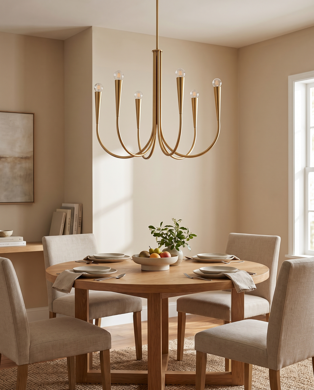 Candrel Curved Arm Chandelier in a dining room in soft daylight