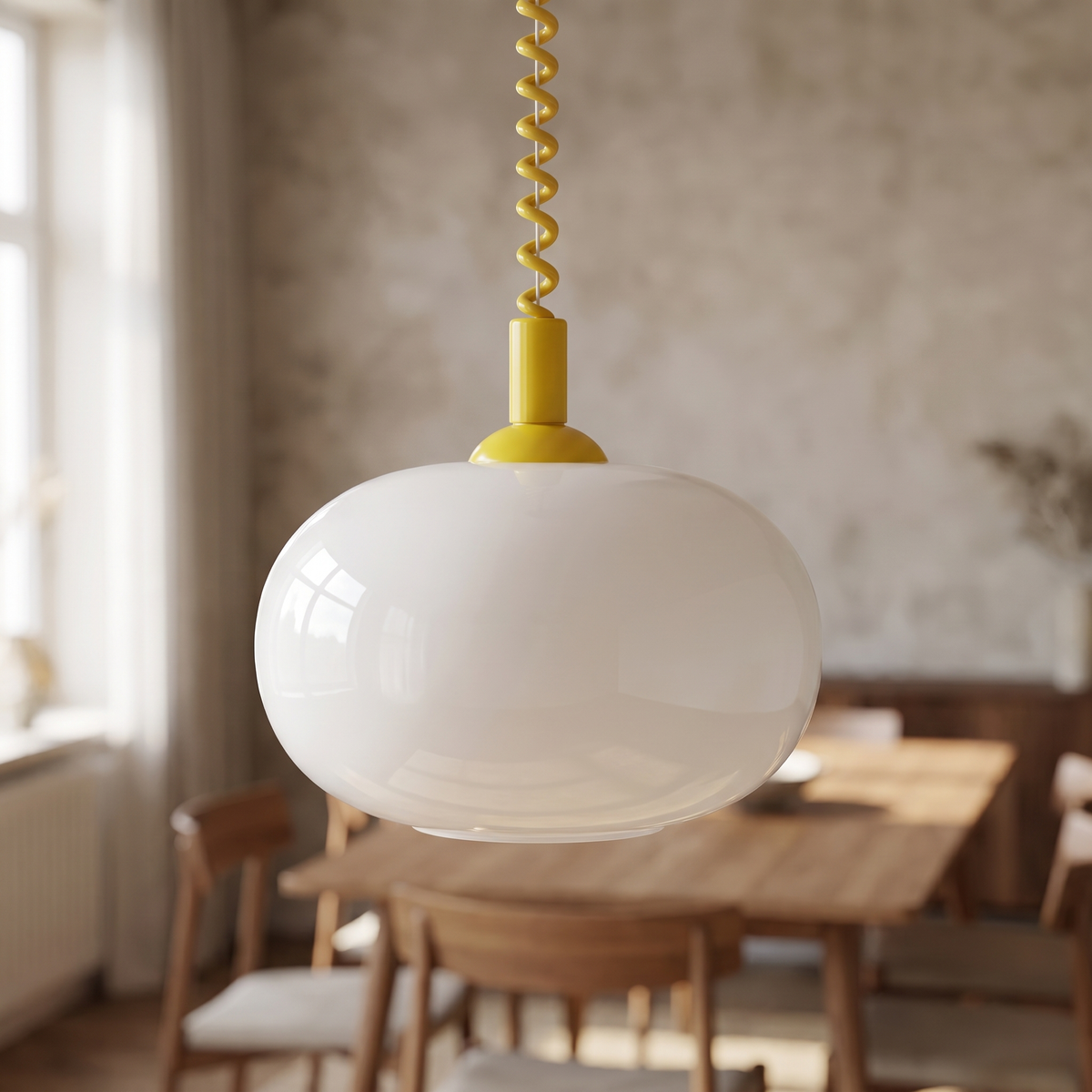Pellora Spring Cord Pendant Light, closer view in a dining room