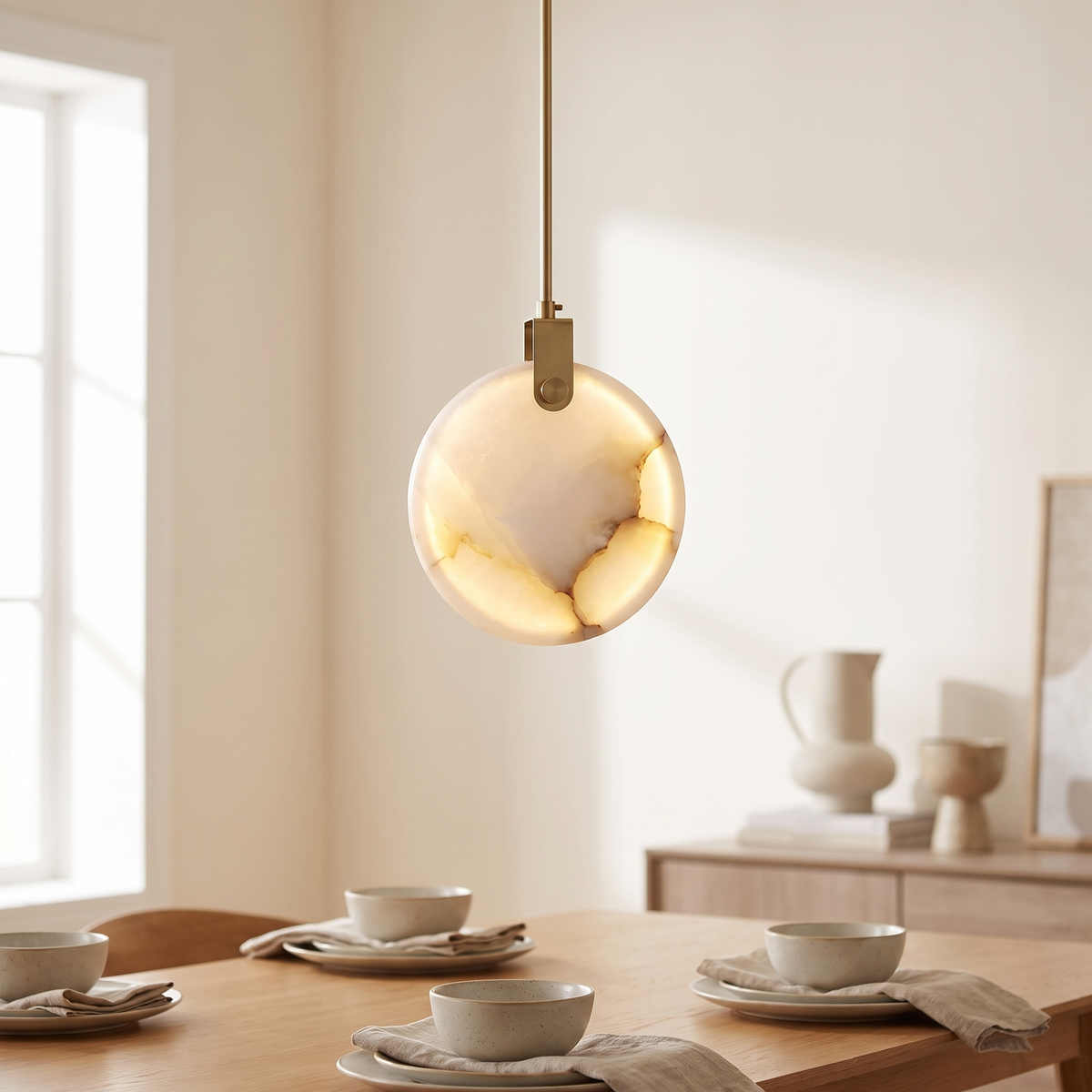 Stacira Alabaster Disc Pendant Light, closer view in a dining room