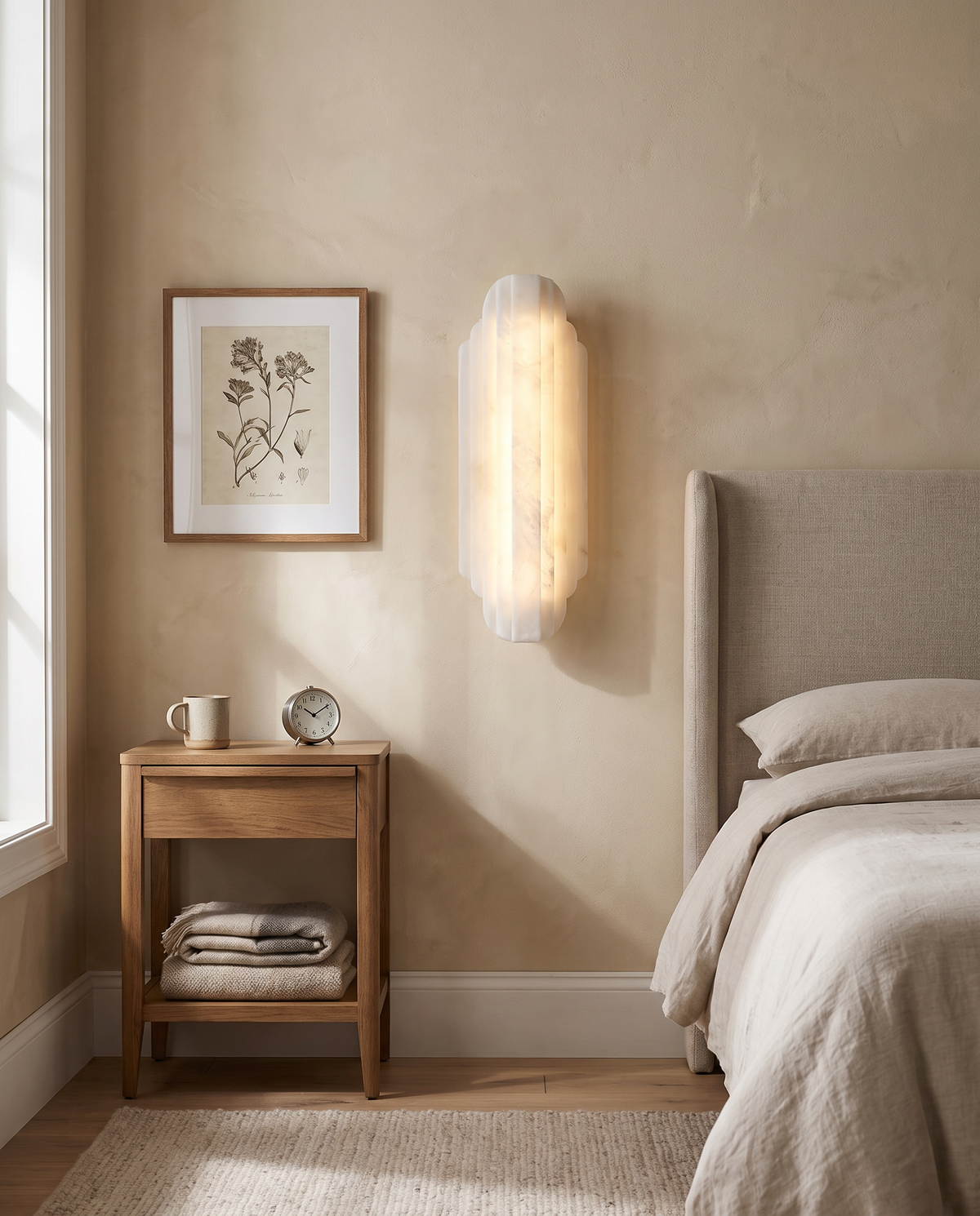 Scallenne Alabaster Wall Sconce in a bedroom in soft daylight