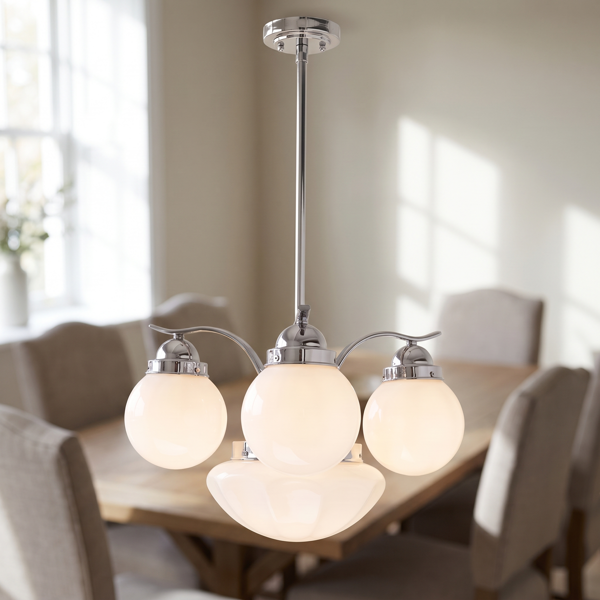 Brionne Globe Chandelier, closer view in a dining room
