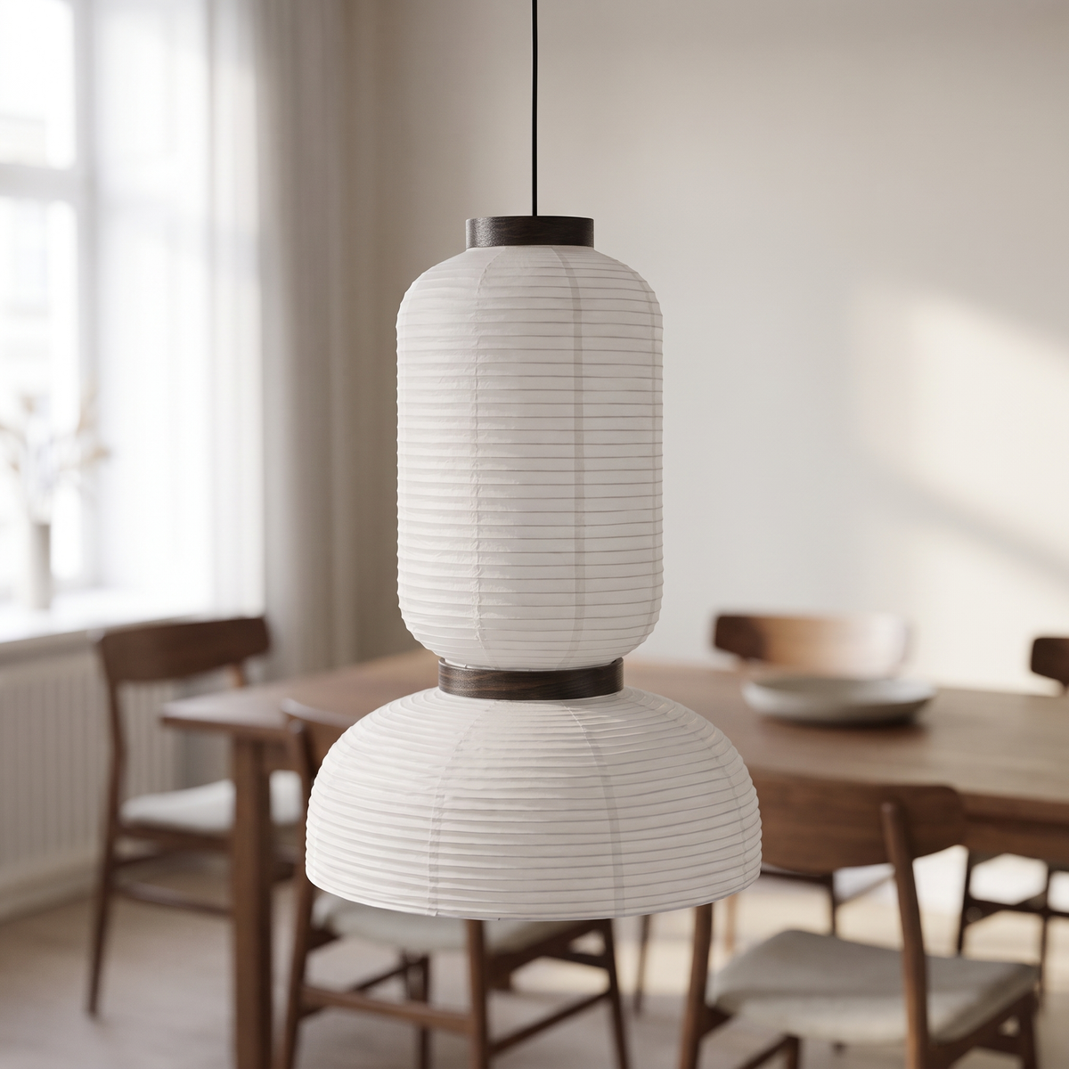 Lanver Rice Paper Pendant Light, closer view in a dining room