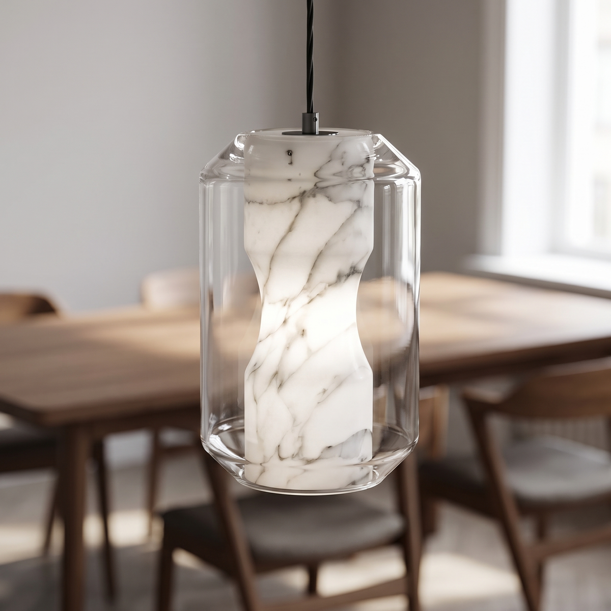 Vitravel Alabaster Glass Pendant Light, closer view in a dining room
