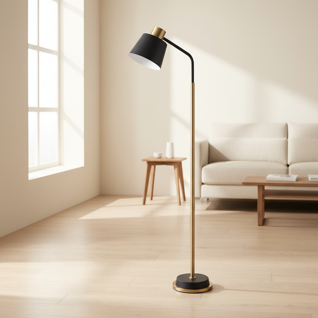 Stavrin Slim Cone Floor Lamp: floor lamp with a slim brushed-gold stem rising from a round black base with a gold ring, shown in a living room