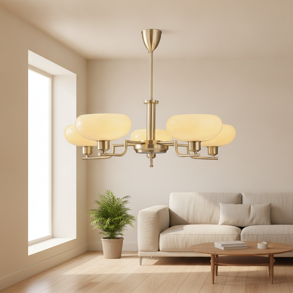 Maravine Opal Globe Chandelier: brass chandelier on a straight brass downrod from a brass cone canopy, with 5 curved brass arms, each holding 1 ivory-cream frosted glass shade shaped like a wide mushroom cap, shown in a living room