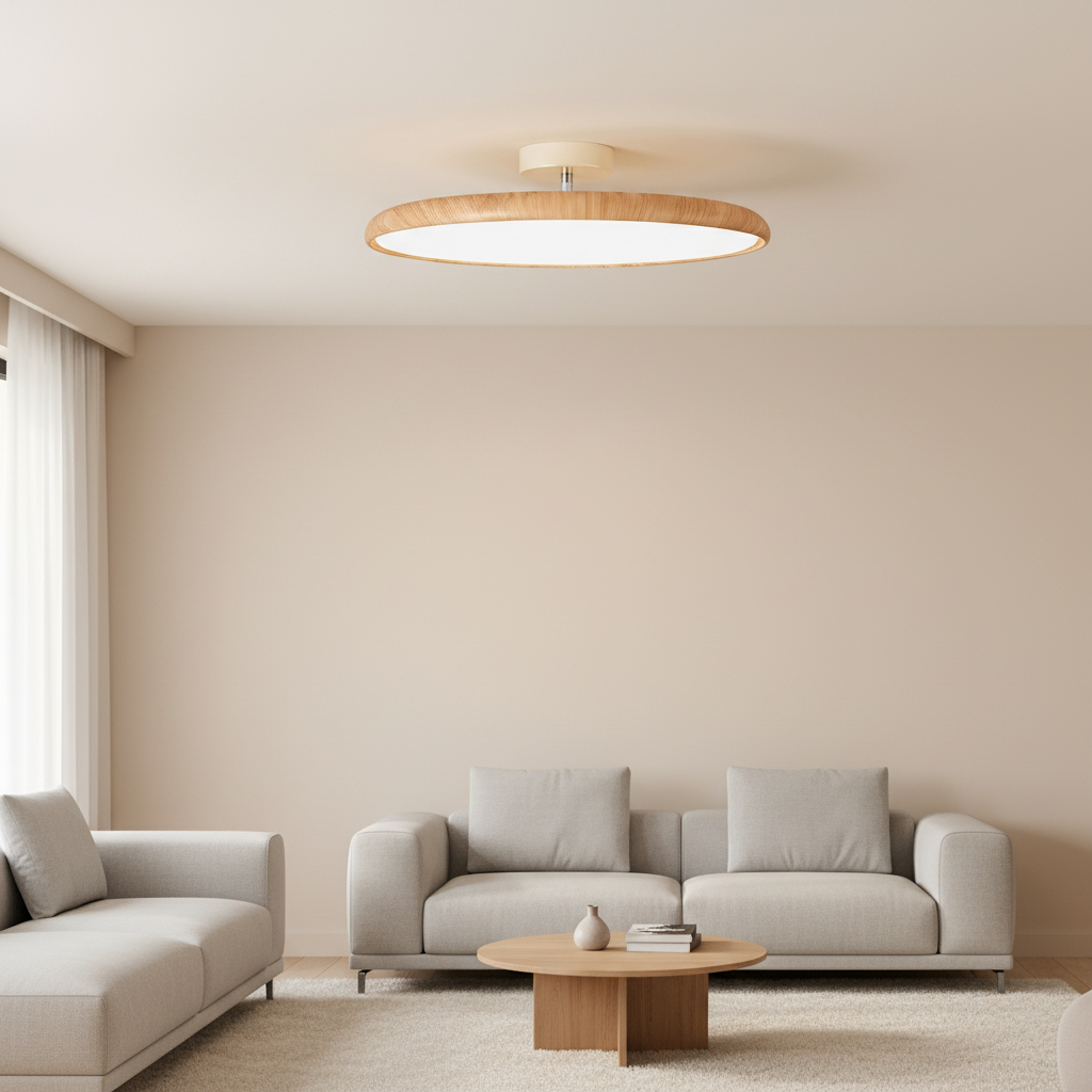 Tavelline Wood Grain Ring Ceiling Light: slim ring ceiling light: a large thin flat ring with a light natural wood-grain finish and a white glowing diffuser on its underside, shown in a living room