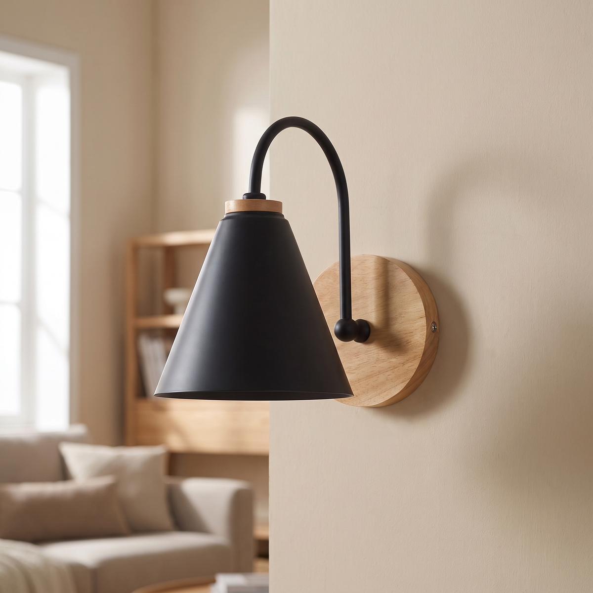 Hesselle Wood Plate Cone Wall Light: wall light with 1 matte black metal cone shade hanging from a curved black gooseneck arm fixed to a round light natural-wood wall plate, shown in a living room