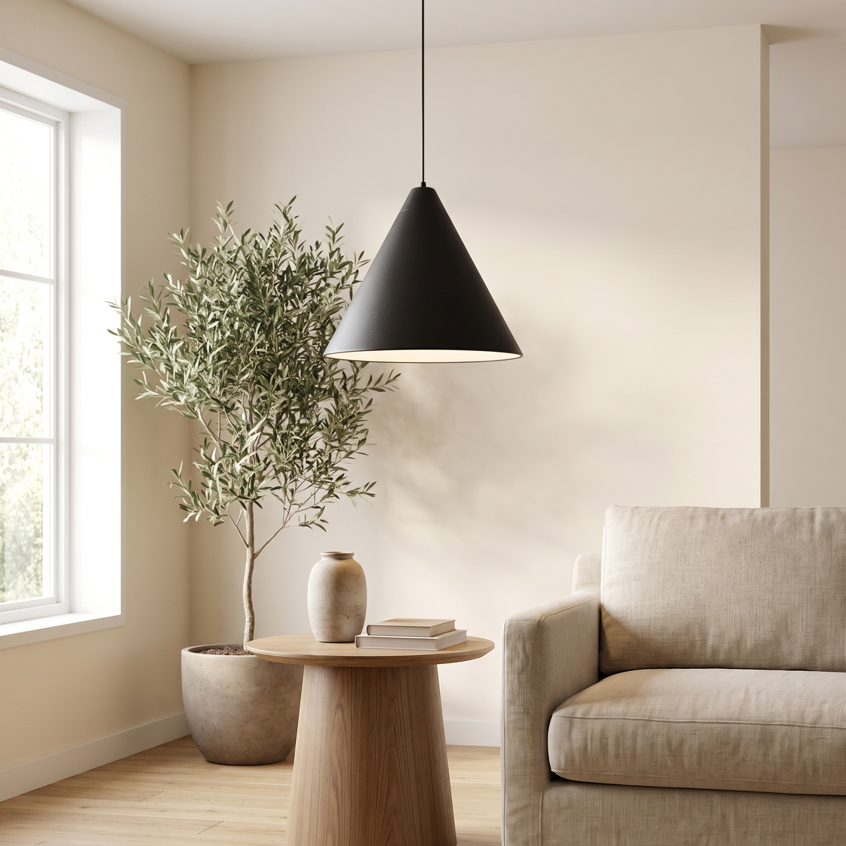 Kornelle Matte Black Cone Pendant Light: single matte black metal cone pendant with a white interior and a glowing underside, hanging from a thin black cord, shown in a living room