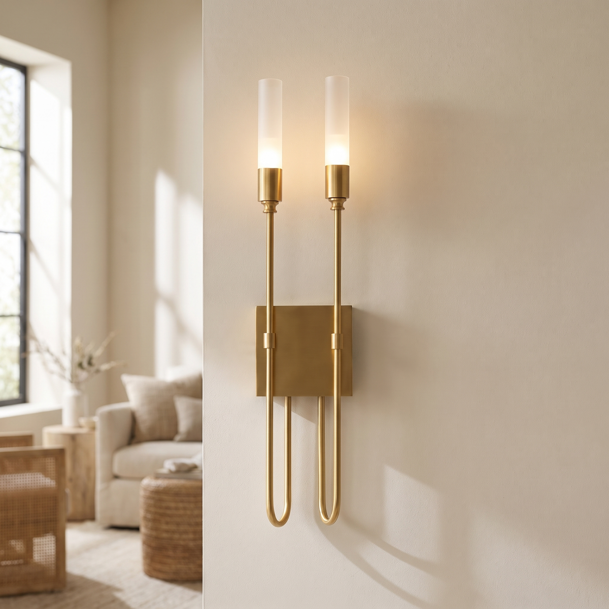 Duettra Twin Rod Wall Light: brass wall sconce: a small rectangular brushed-brass backplate with a U-shaped brass rod frame and 2 slim vertical brass arms, each topped with 1 frosted white cylinder candle-style shade, shown in a living room