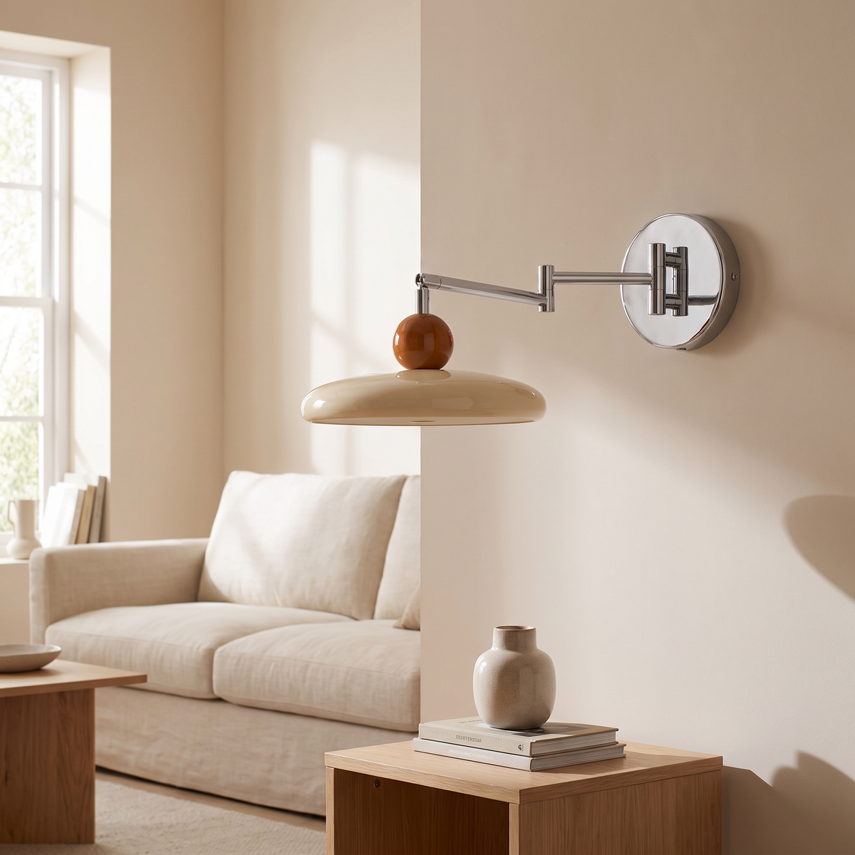 Pavonne Swing Arm Disc Wall Light: swing-arm wall light: a round polished chrome wall plate, a chrome folding scissor extension arm, ending in 1 flat beige-cream disc shade topped by 1 glossy brown-orange wooden ball, shown in a living room
