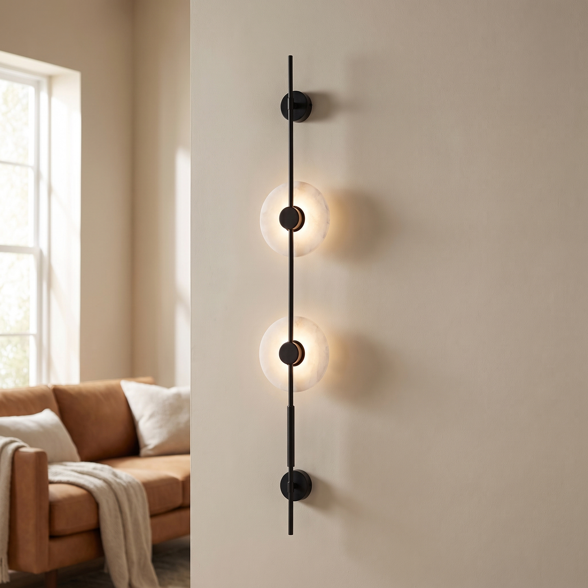 Alvessa Alabaster Disc Wall Light: tall slim vertical matte black rod wall light with 2 round glowing white alabaster discs with black centre caps along the rod and a small black round mount at each end, shown in a living room