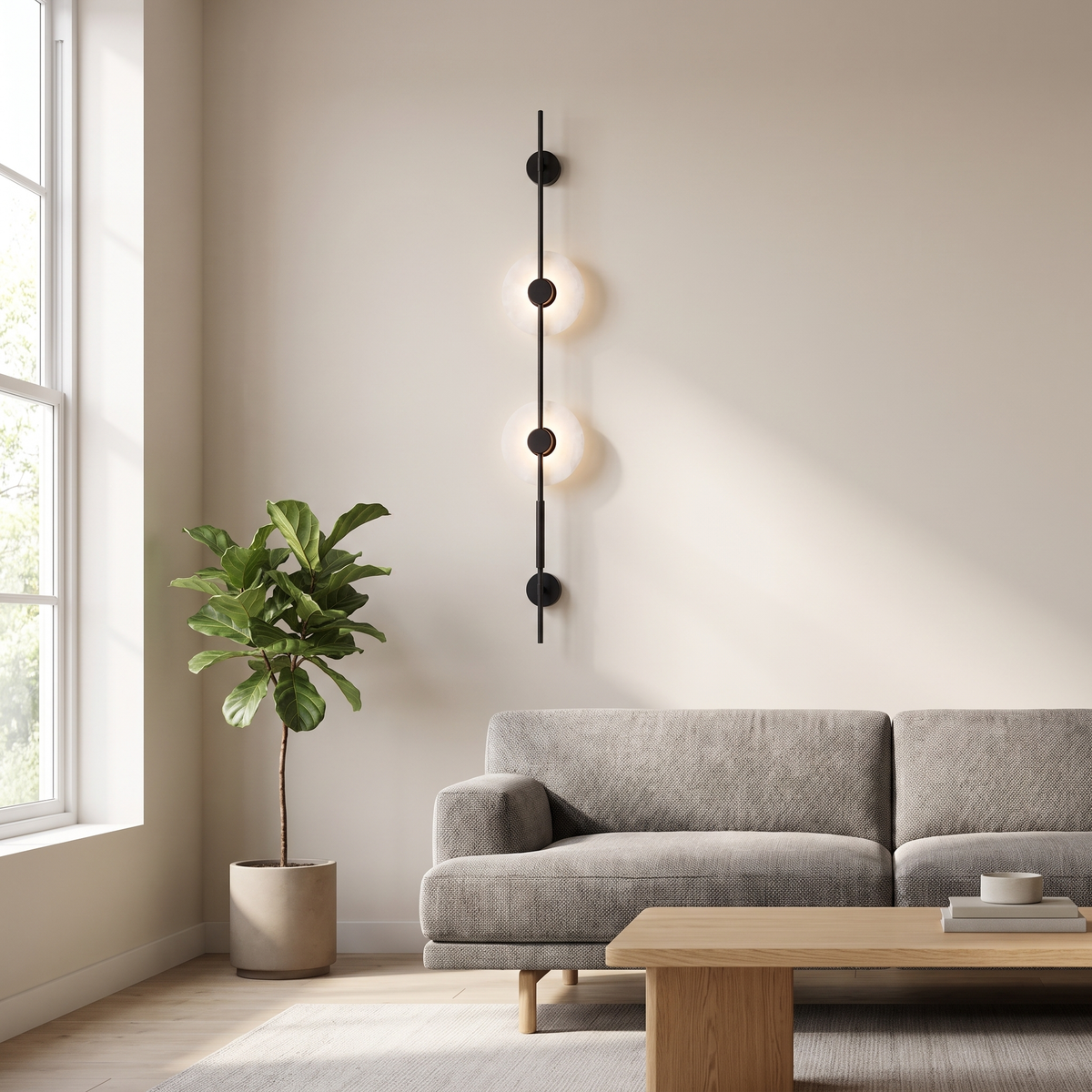 Alvessa Alabaster Disc Wall Light: tall slim vertical matte black rod wall light with 2 round glowing white alabaster discs with black centre caps along the rod and a small black round mount at each end, shown in a room setting