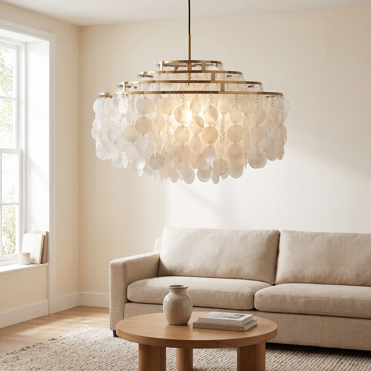 Nacrelle Tiered Shell Chandelier: tiered pendant made of 3 stacked concentric polished gold rings, each hung with many overlapping round white mother-of-pearl shell discs, on a slim gold rod and black cord, shown in a living room