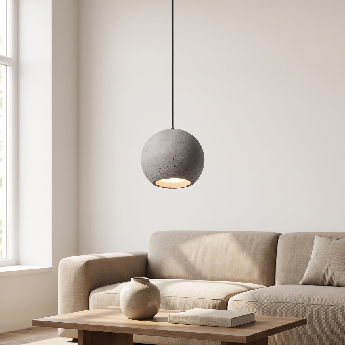 Grisaline Concrete Sphere Pendant Light: single small grey raw concrete sphere pendant with an opening at the bottom that glows downward, hanging from a thin black cord, shown in a living room