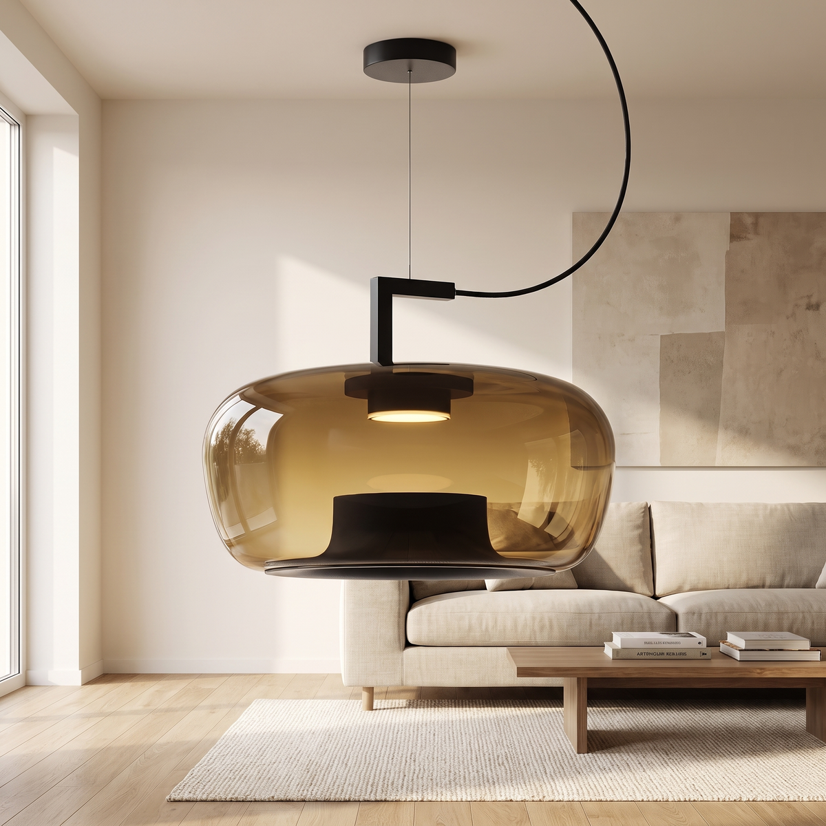 Fumara Glass Dome Pendant Light: single wide amber-bronze tinted glass dome pendant with a black inner reflector, hung from an L-shaped black bracket and a black cord, shown in a living room